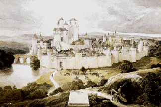 A sepia photo of a castle surrounded by a river and a bridge in the foreground. 